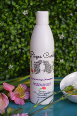 Rizos Curls Hydrating Shampoo label closeup highlighting hydration for curls.
