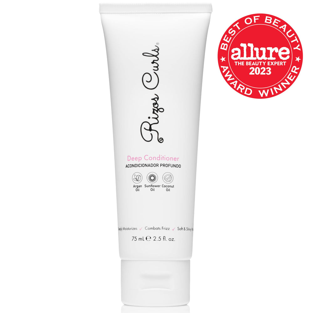 Rizos Curls Deep Conditioner's jar highlights frizz control and softness.