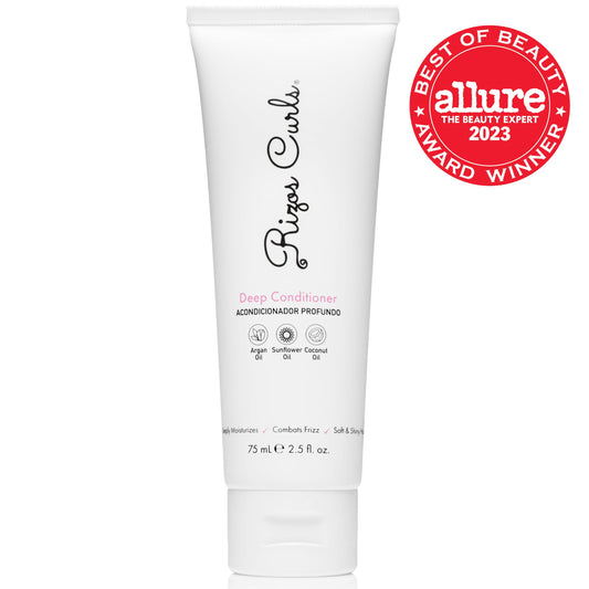 Rizos Curls Deep Conditioner's jar highlights frizz control and softness.
