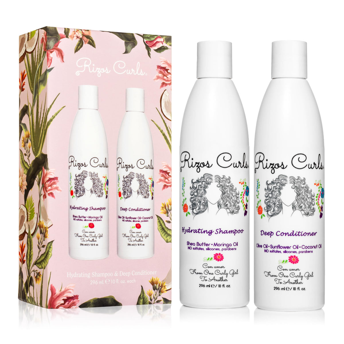 Rizos Curls Hydrating Shampoo bottle delivering gentle cleansing for curls