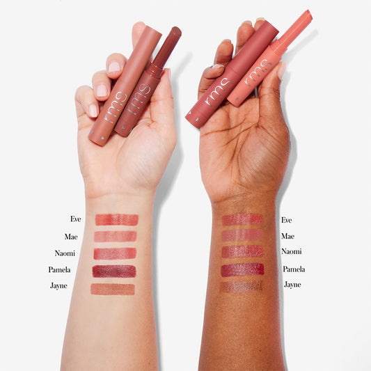 RMS Beauty Legendary Serum Lipstick The Nudes on lips shows smooth glide and color