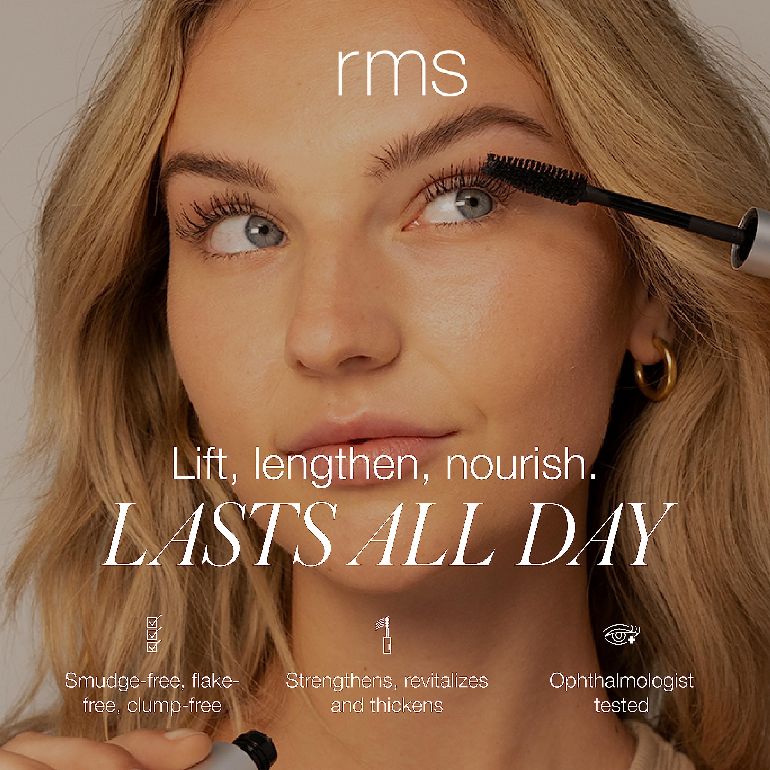 RMS Beauty Straight Up mascara brush closeup highlights precise, clump-free coating.
