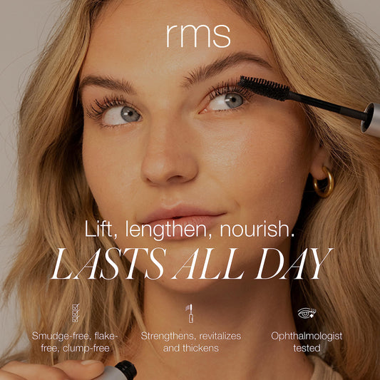 RMS Beauty Straight Up mascara brush closeup highlights precise, clump-free coating.