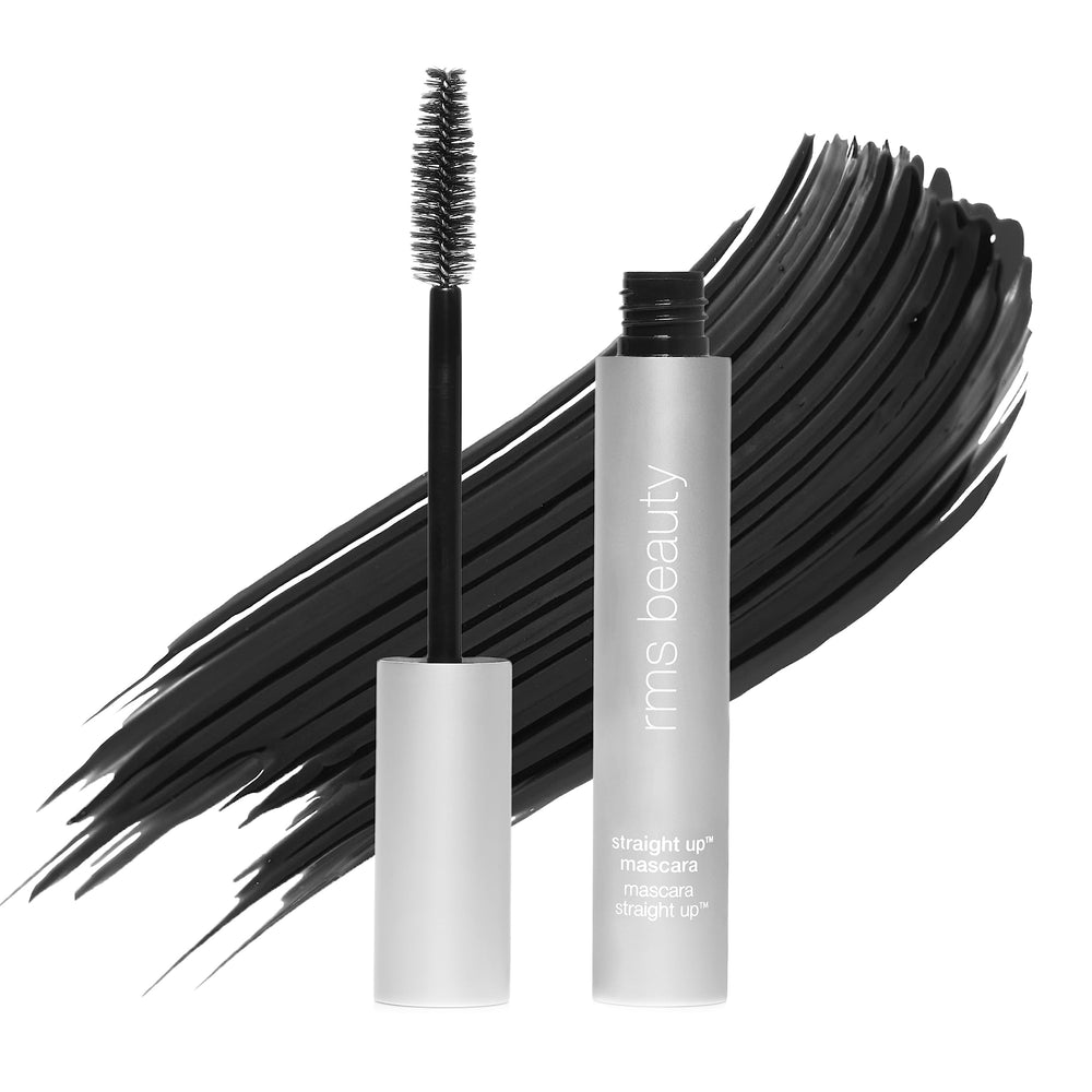 RMS Beauty Straight Up mascara wand application shows defined lash lift and length.