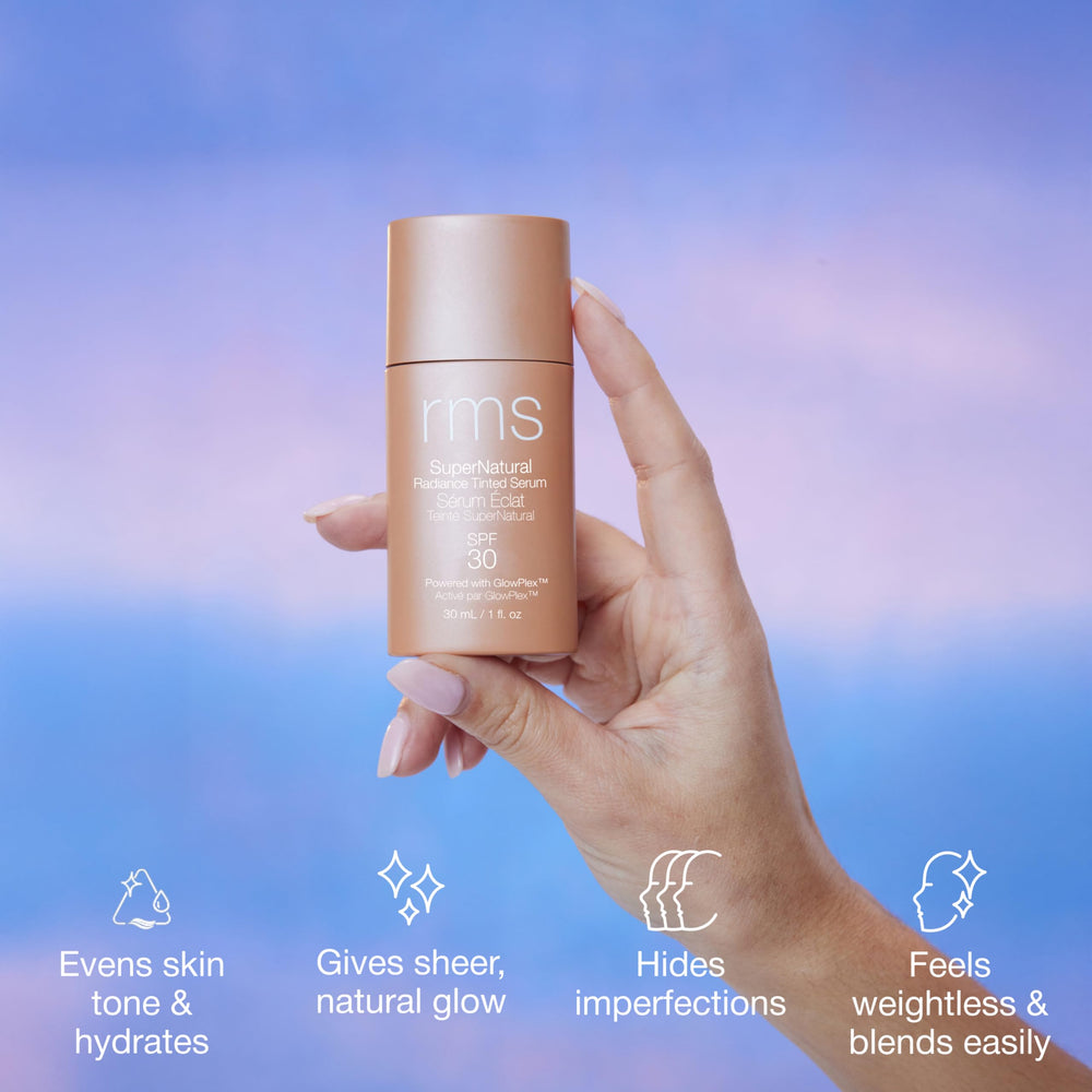 RMS Beauty Supernatural Radiance Serum SPF 30 close-up texture shows lightweight feel.