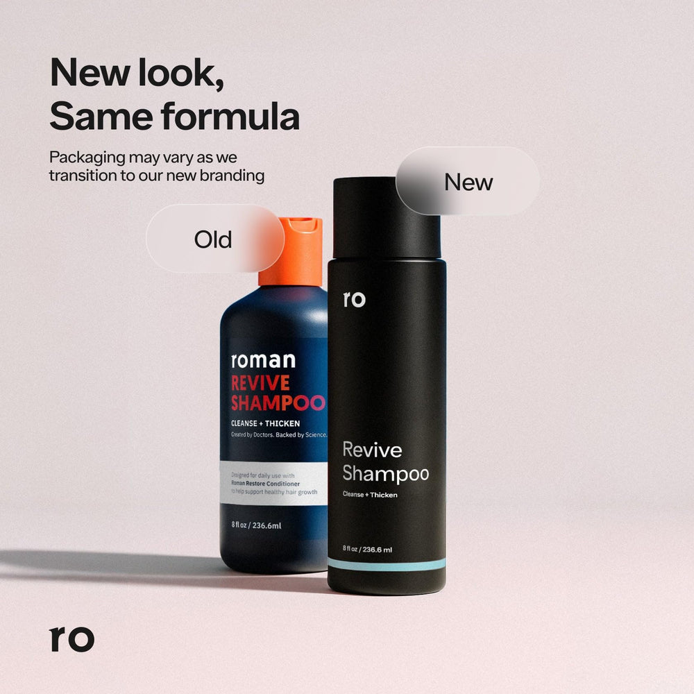 ro men's revive shampoo on sink promoting fuller-looking hair after use