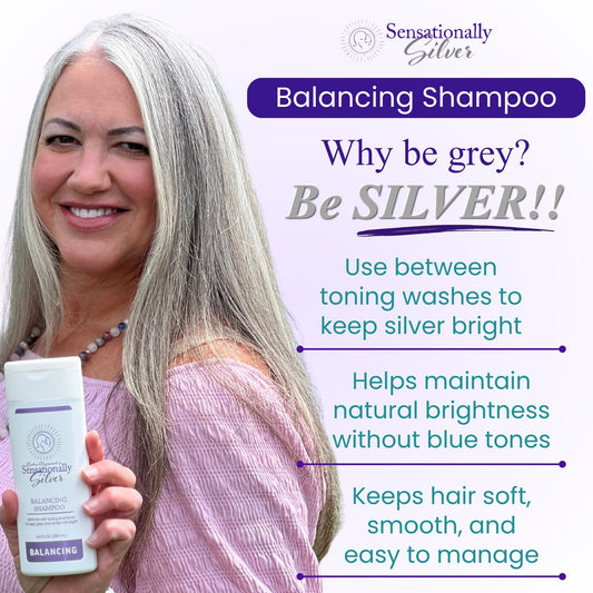 Robin Norwood's Sensationally Silver Balancing Shampoo pump shown for easy, gentle cleansing.