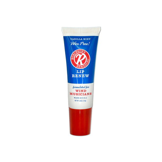 Robinson's Remedies Lip Renew Endurance bottle closeup highlights a wax-free formula for stage use.