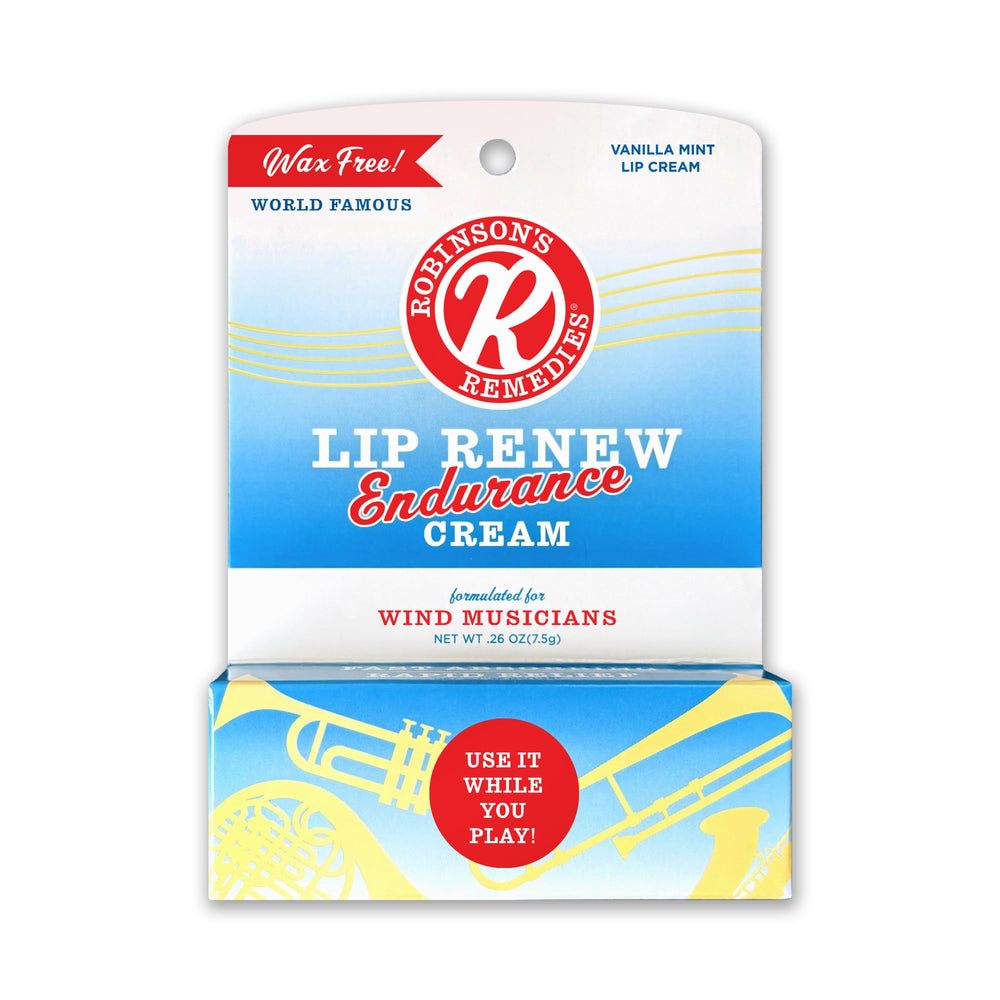 Robinson's Remedies Lip Renew Endurance demonstrates portable comfort on a musician's hand.