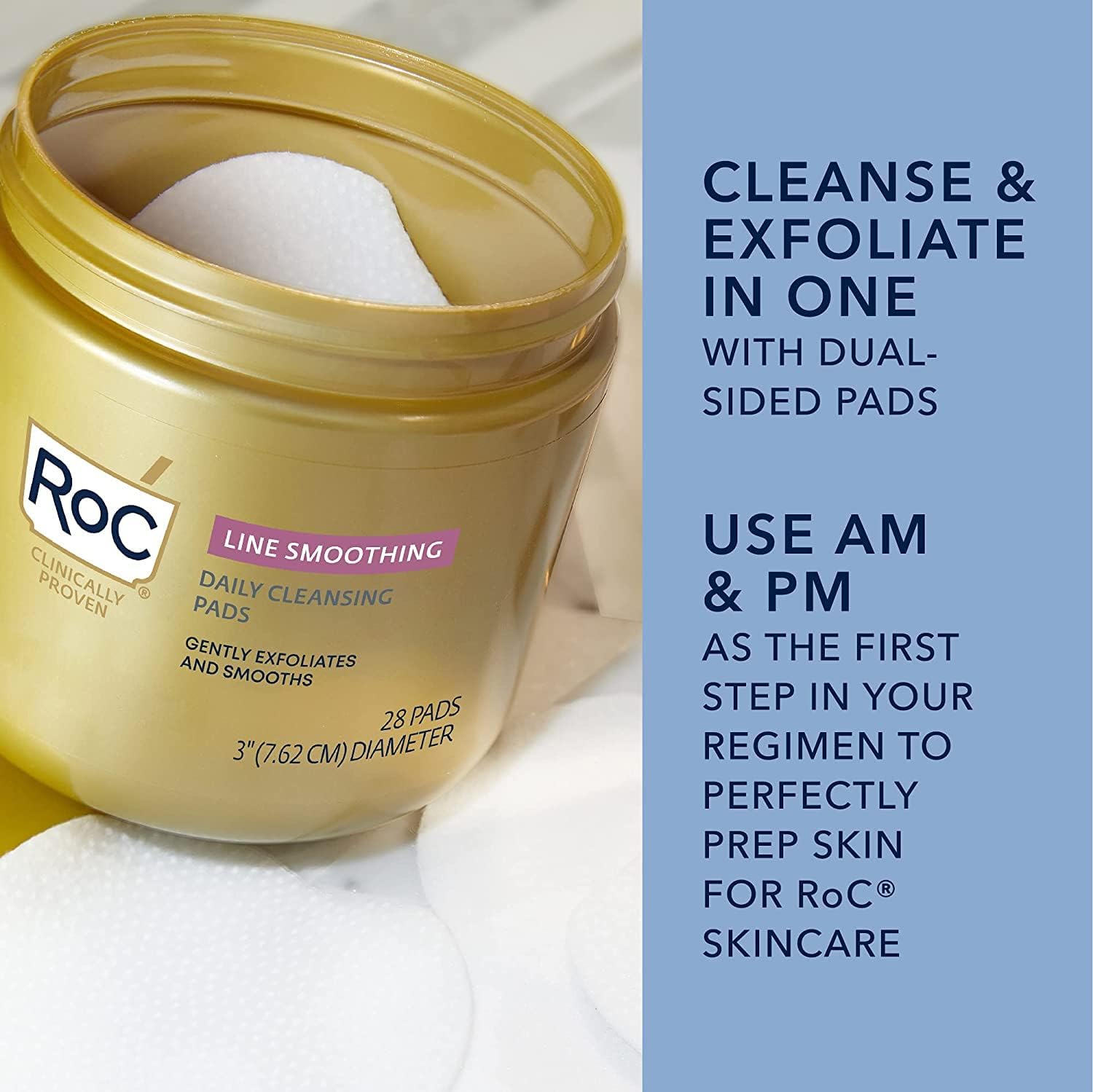 RoC Daily Resurfacing Disks removing dirt and oil for a brighter complexion.