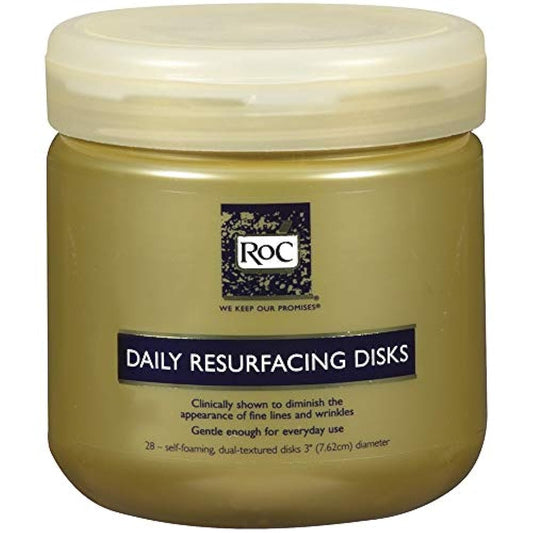 RoC Daily Resurfacing Disks pack shot showing dual-textured pads for cleansing and exfoliation.