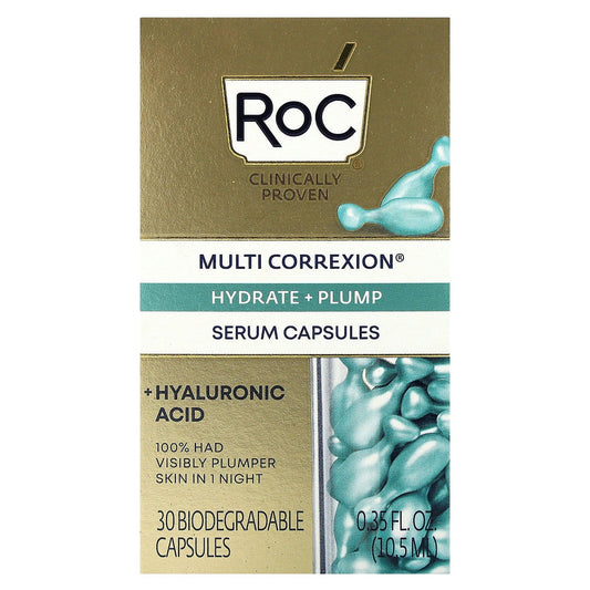 RoC Hyaluronic acid capsules close-up showing a precise dose for visible hydration.