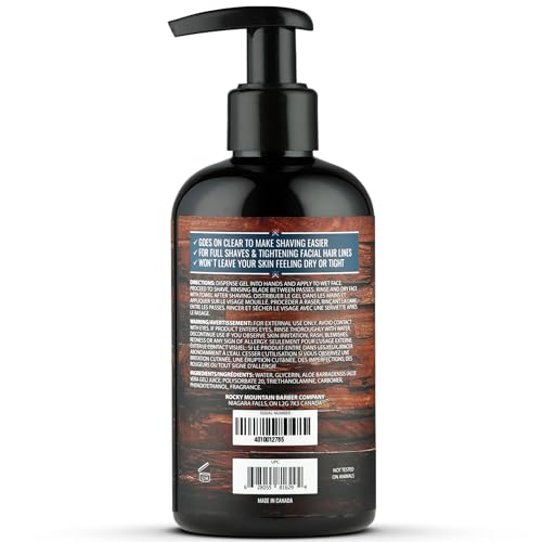 Rocky Mountain Barber Company clear gel applied to the face enables visibility while shaving.