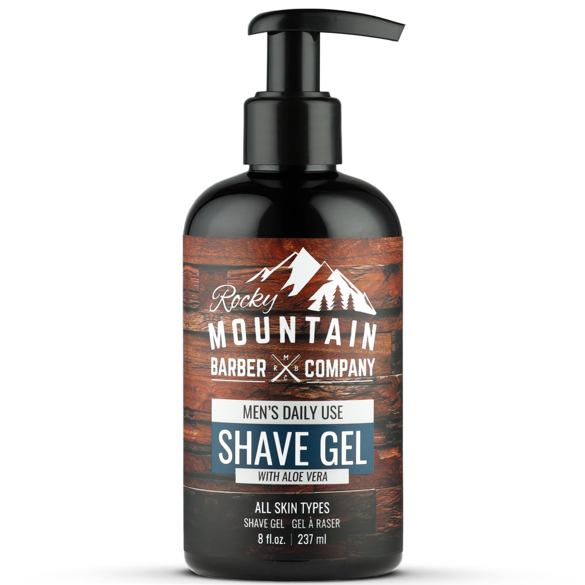 Rocky Mountain Barber Company clear shave gel shown with pump cap for precise shaving.