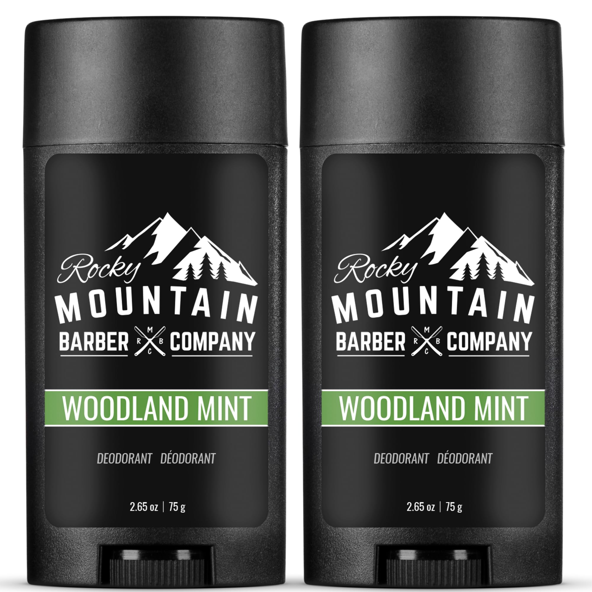Rocky Mountain Barber Co Woodland Mint deodorant bottle for all-day freshness.