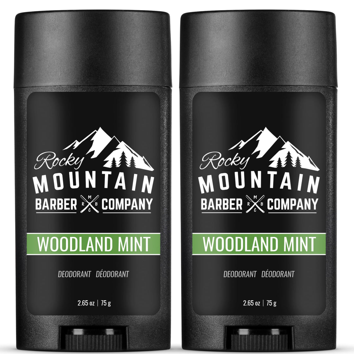 Rocky Mountain Barber Co Woodland Mint deodorant bottle for all-day freshness.