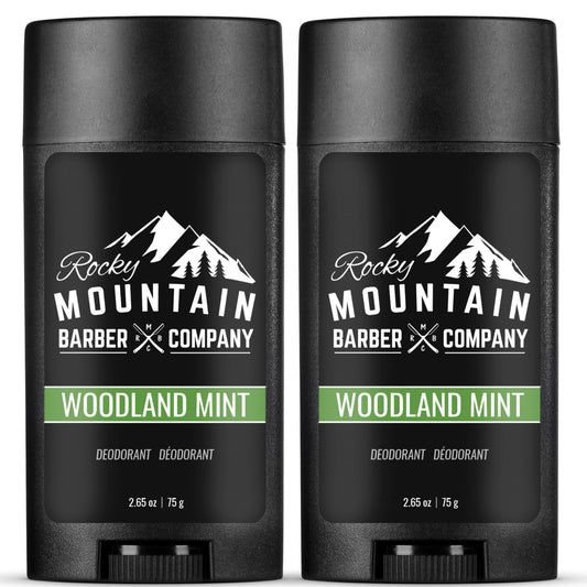 Rocky Mountain Barber Co Woodland Mint deodorant bottle for all-day freshness.