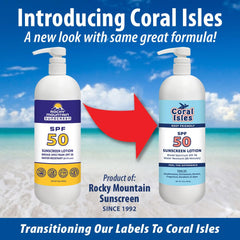 Rocky Mountain Sunscreen Coral Isles label close-up shows reef-friendly formulation