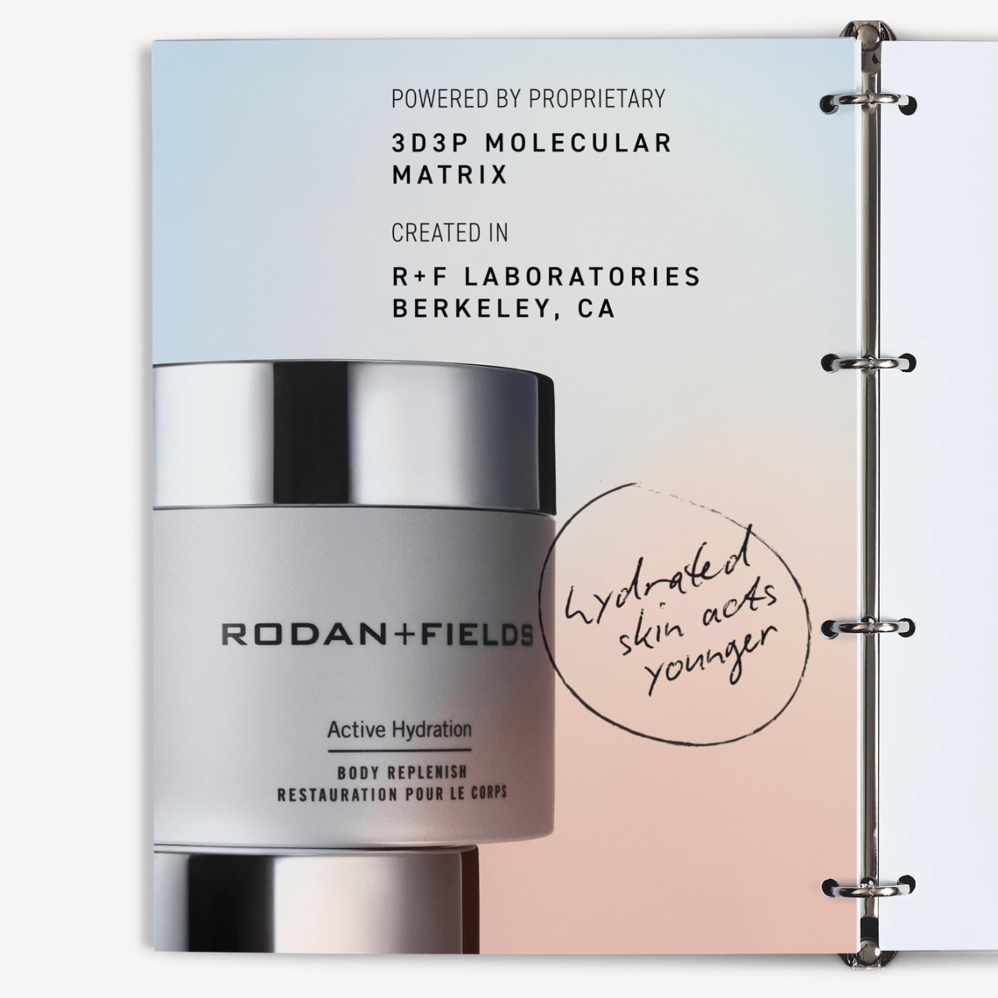 RODAN + FIELDS Active Hydration Body Replenish label front highlights clean, dermatologist-tested formula.