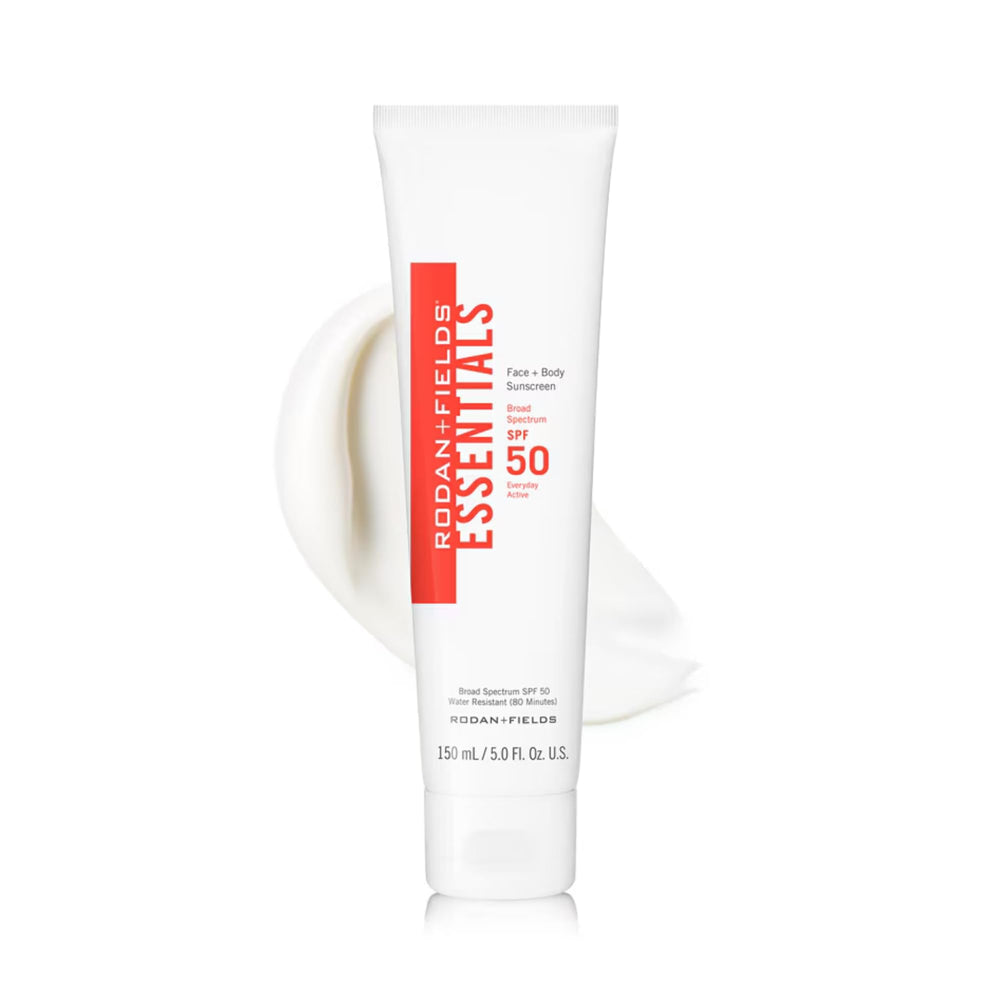 RODAN + FIELDS Essentials sunscreen bottle with pump for easy outdoor protection.