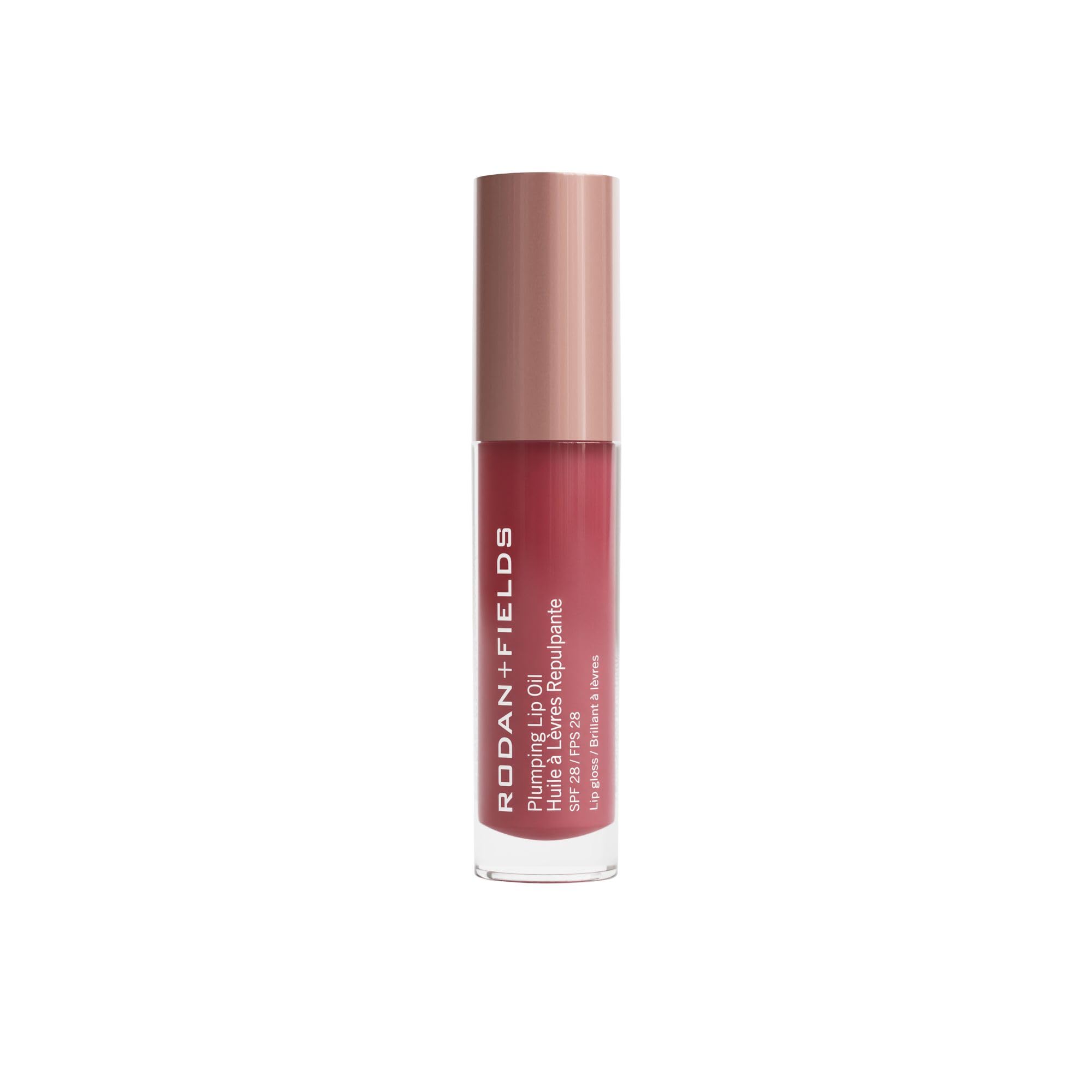 RODAN + FIELDS Plumping Lip Oil SPF 28 berry bottle delivers sheer tint and hydration.
