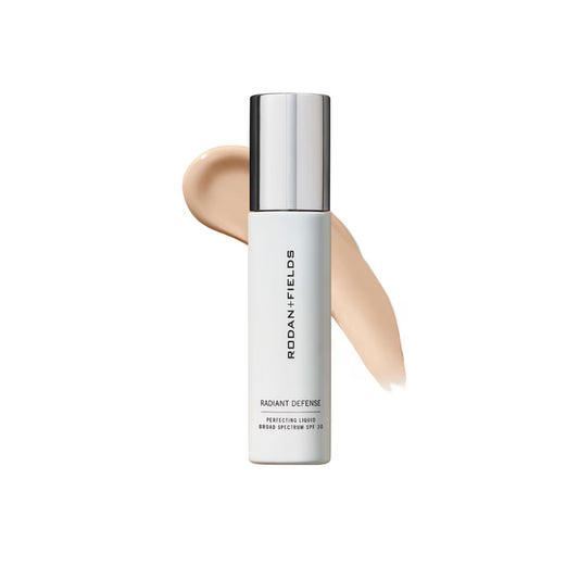 Rodan + Fields Radiant Defense bottle with pump demonstrates easy application and lightweight hydration.