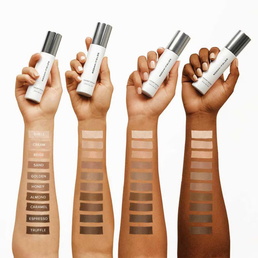 Rodan + Fields Radiant Defense swatches on arm illustrate natural tint and breathable coverage.