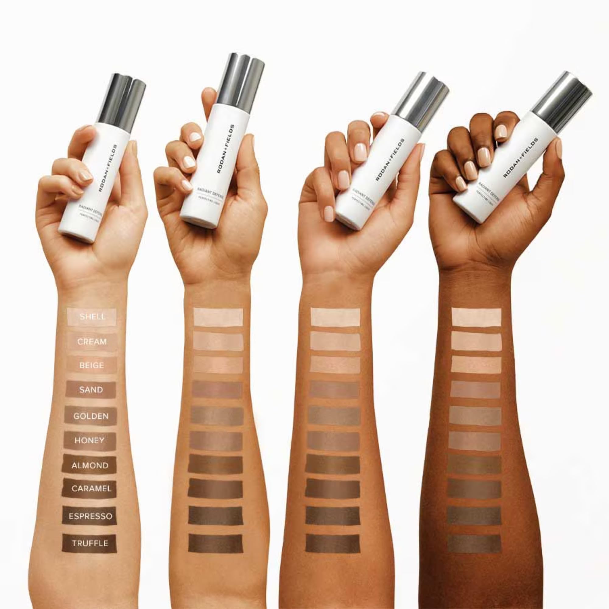 RODAN + FIELDS Radiant Defense swatch on skin showing natural finish