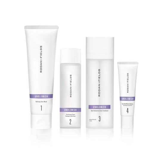 Rodan + Fields Unblemish cleanser bottle closeup for refreshed, clear-looking skin.