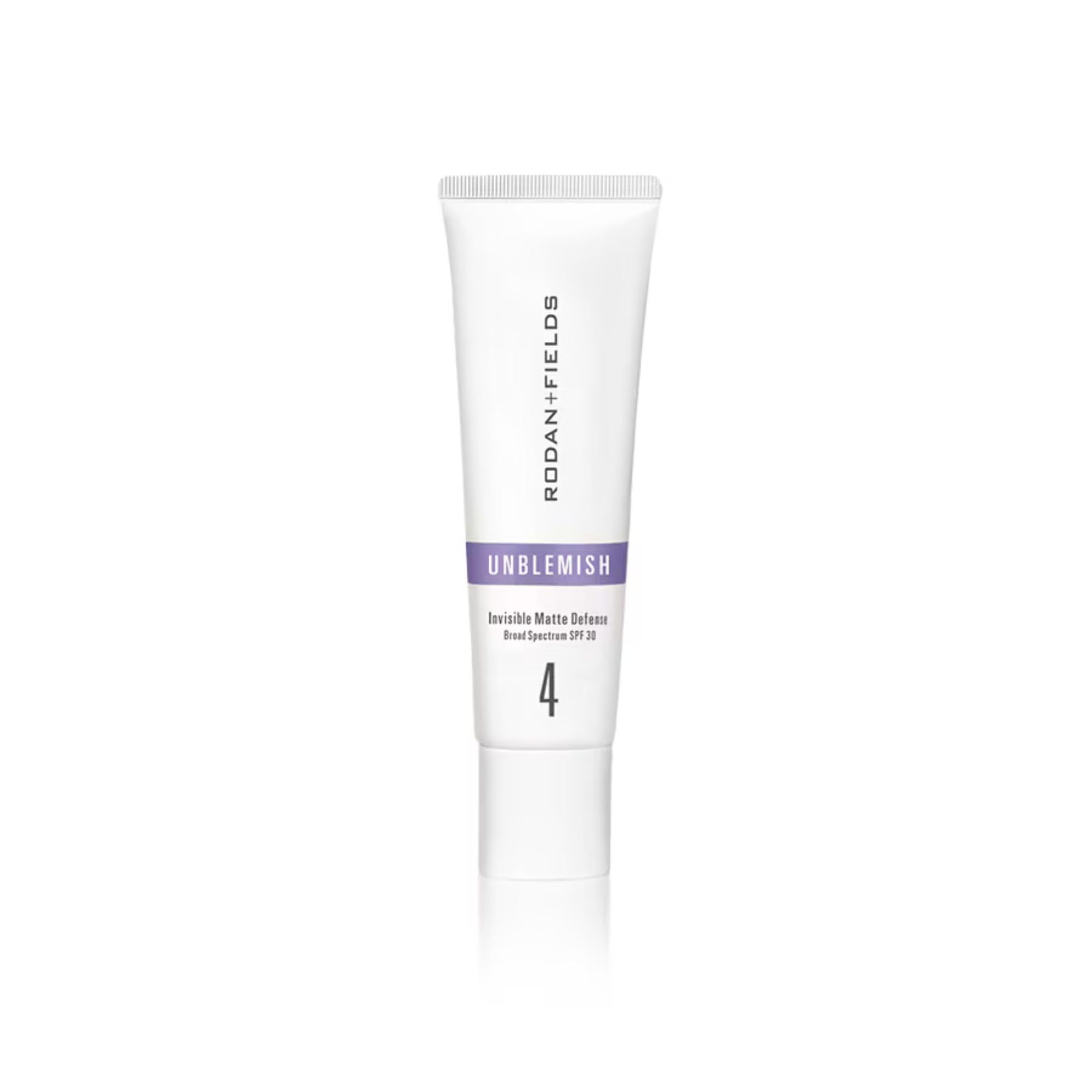 Rodan + Fields UNBLEMISH Invisible Matte Defense bottle front showing oil-free sunscreen