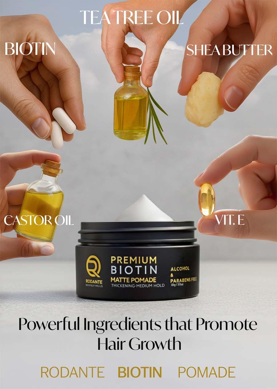 Rodante Beverly Hills Biotin ingredients castor oil tea tree vitamin E near label.