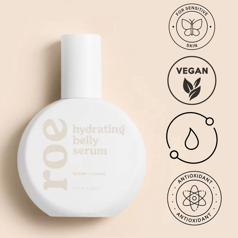 Roe Wellness serum being applied to the belly for gentle, routine care.