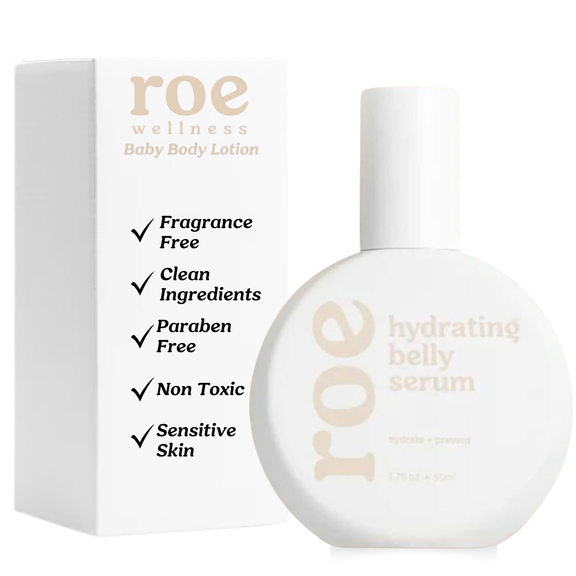 Roe Wellness belly serum bottle with pump provides lightweight hydration for sensitive skin.