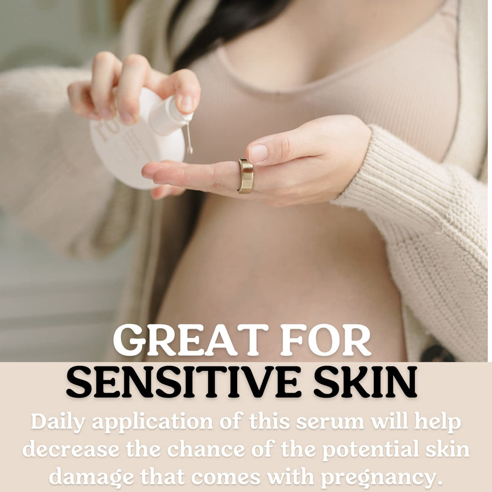 Roe Wellness belly serum smooth texture applied to skin shows non-greasy hydration.