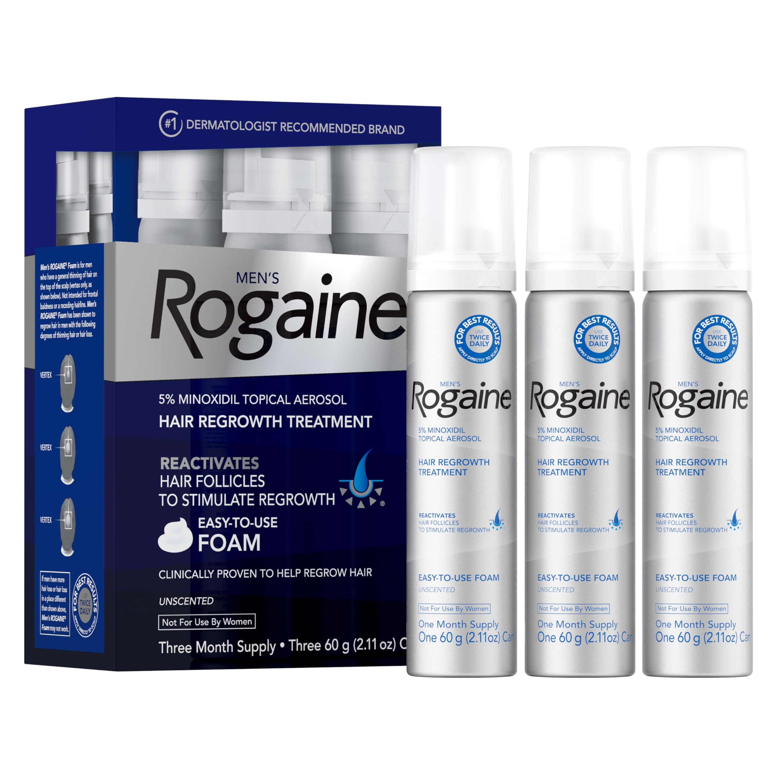 Rogaine men’s 5% foam bottle for at-home hair regrowth treatment.