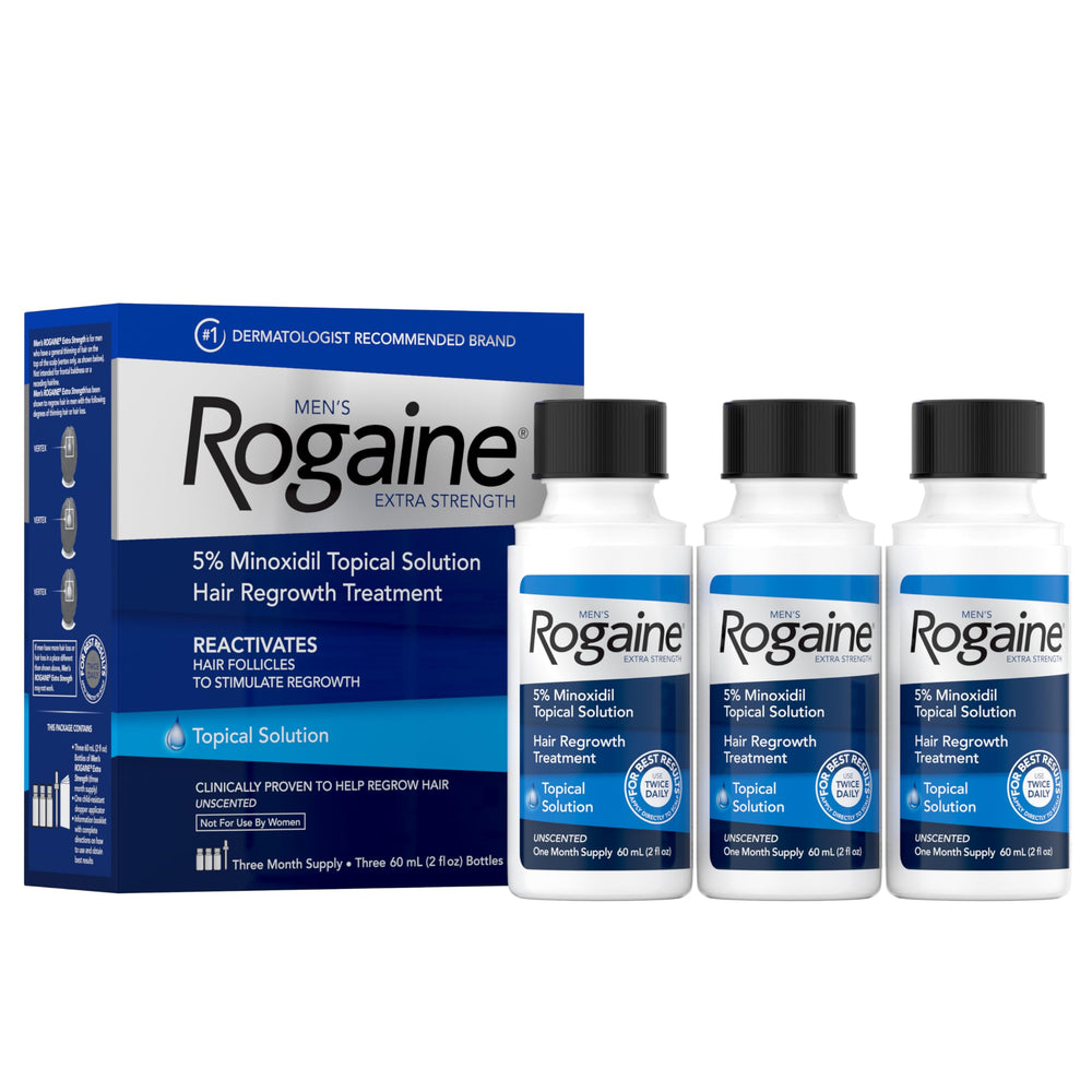 Rogaine Men's Extra Strength 5% Minoxidil bottle for twice-daily scalp treatment.