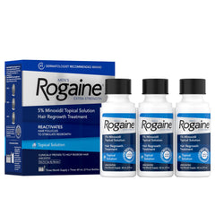 Rogaine Men's Extra Strength 5% Minoxidil bottle for twice-daily scalp treatment.