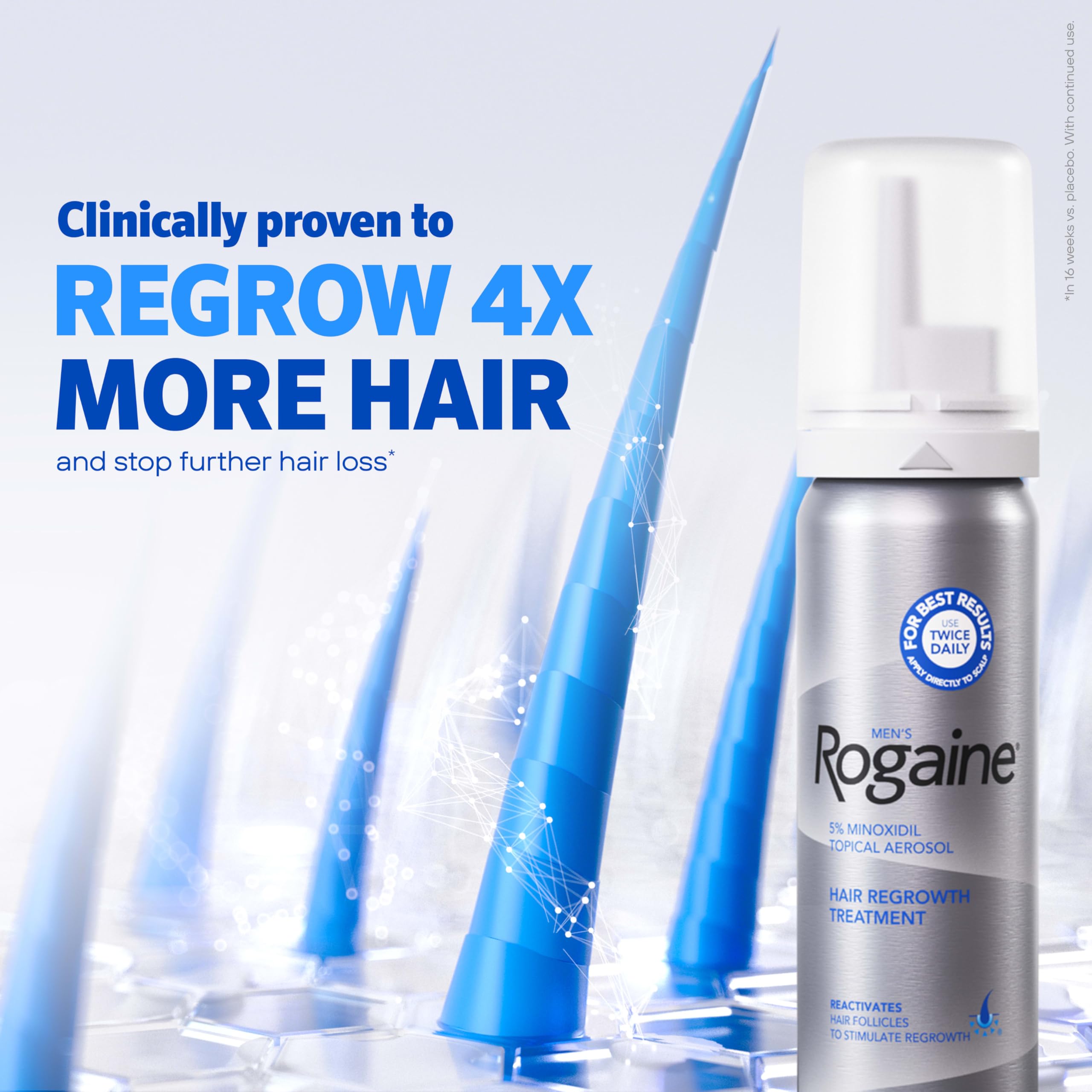 Rogaine men's foam dispense half-cap demonstrated for precise scalp application.