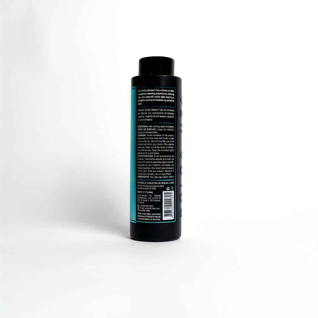 Rolda Barber Talc Powder after-shave use signals gentle anti-irritation care.