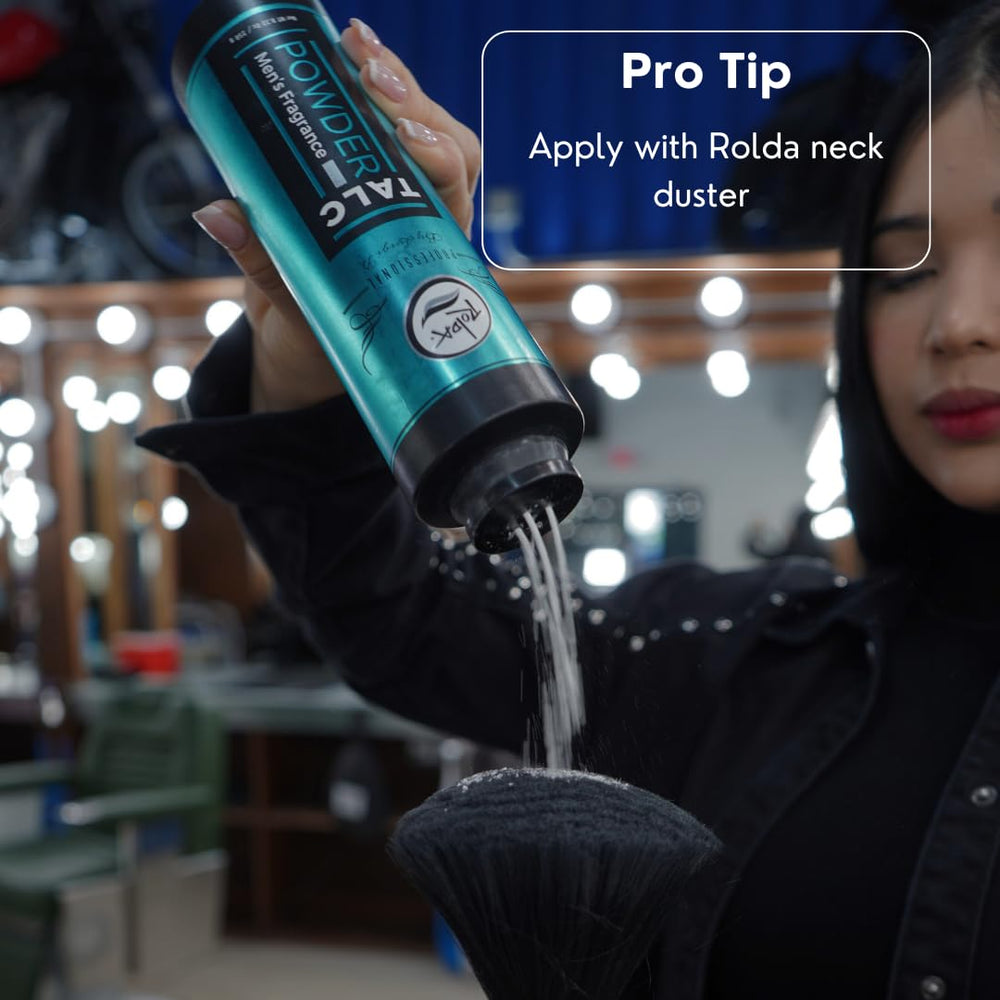 Rolda Barber Talc Powder brand-focused shot conveys grooming confidence.
