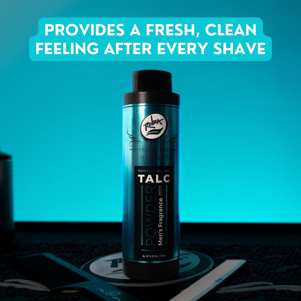 Rolda Barber Talc Powder fragrance close-up emphasizes masculine scent.