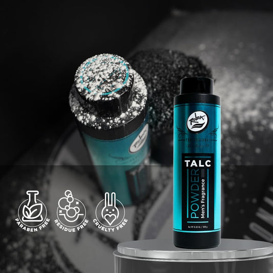 Rolda Barber Talc Powder texture close-up shows fine, smooth particles.
