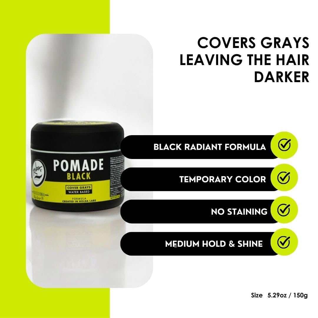 Rolda Black Pomade covers gray hairs for a darker natural look.