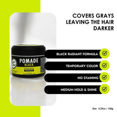 Rolda Black Pomade covers gray hairs for a darker natural look.