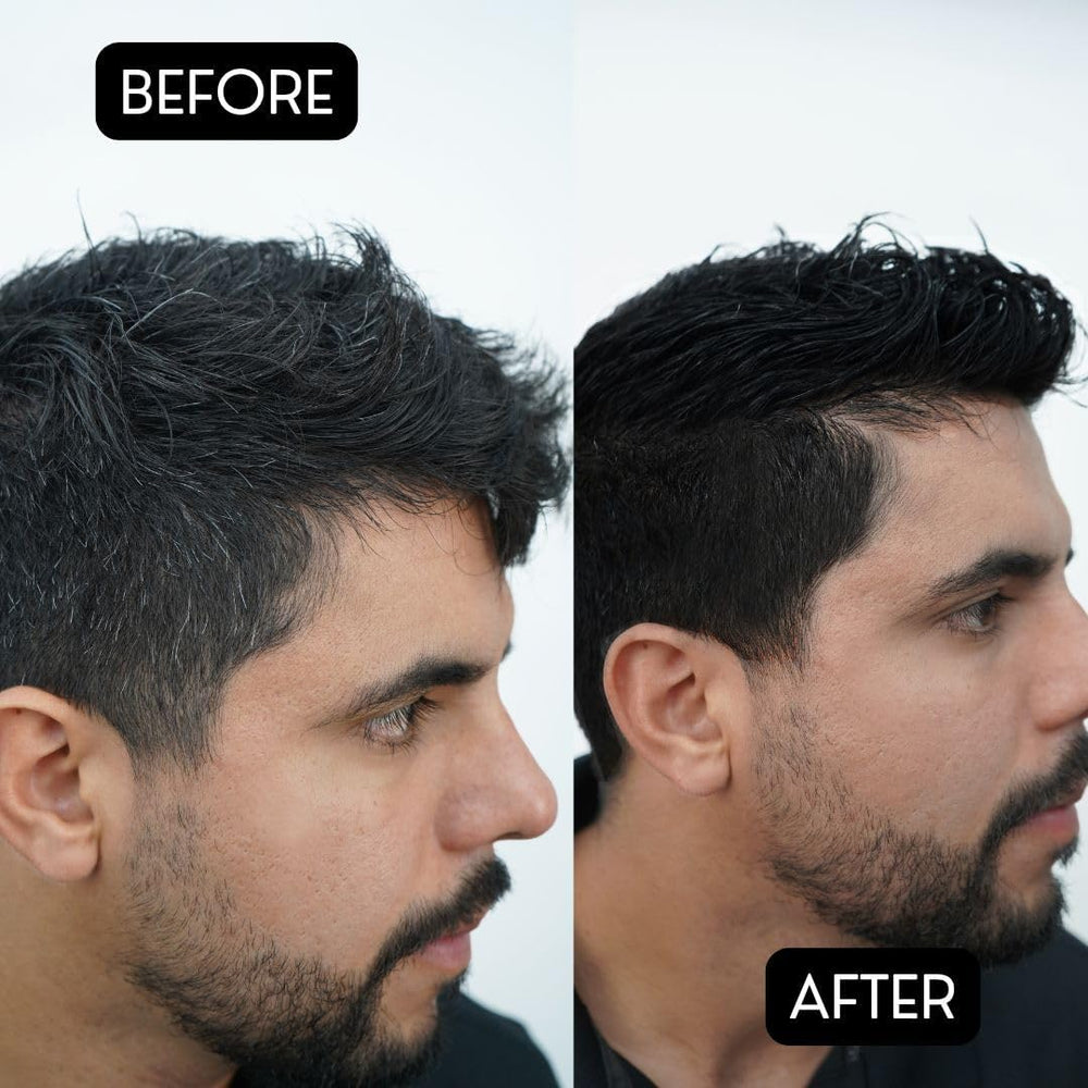Rolda Black Pomade applying to hair for easy styling with medium hold.