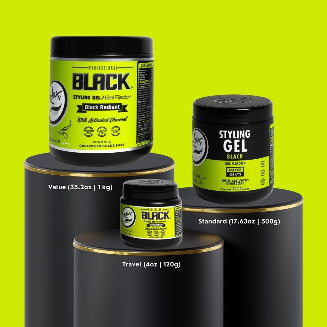 Rolda black styling gel bottle top close-up with activated charcoal note