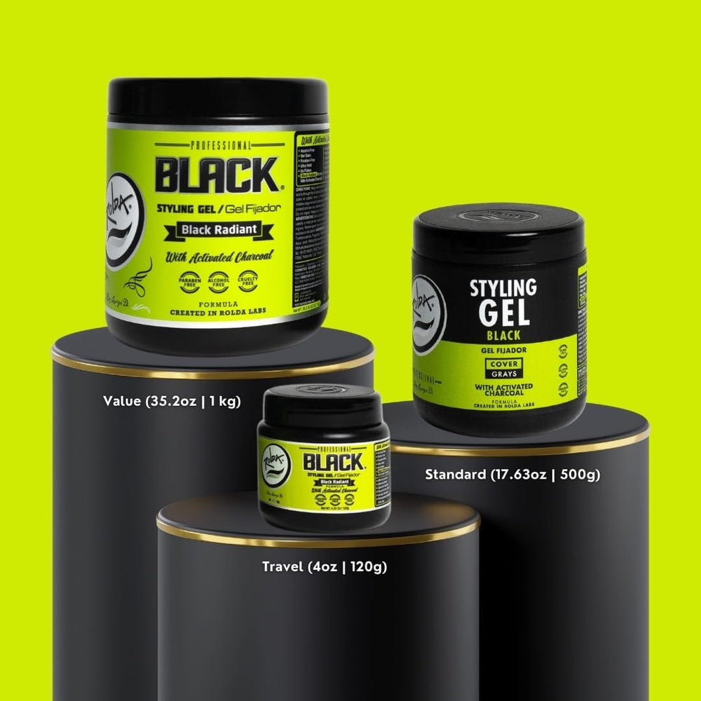 Rolda black styling gel bottle top close-up with activated charcoal note