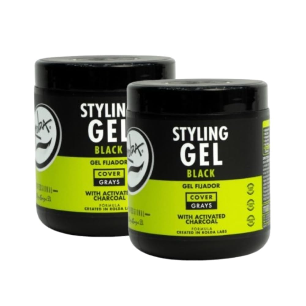 Rolda black styling gel front view showing bold hold and dark finish for dark hair
