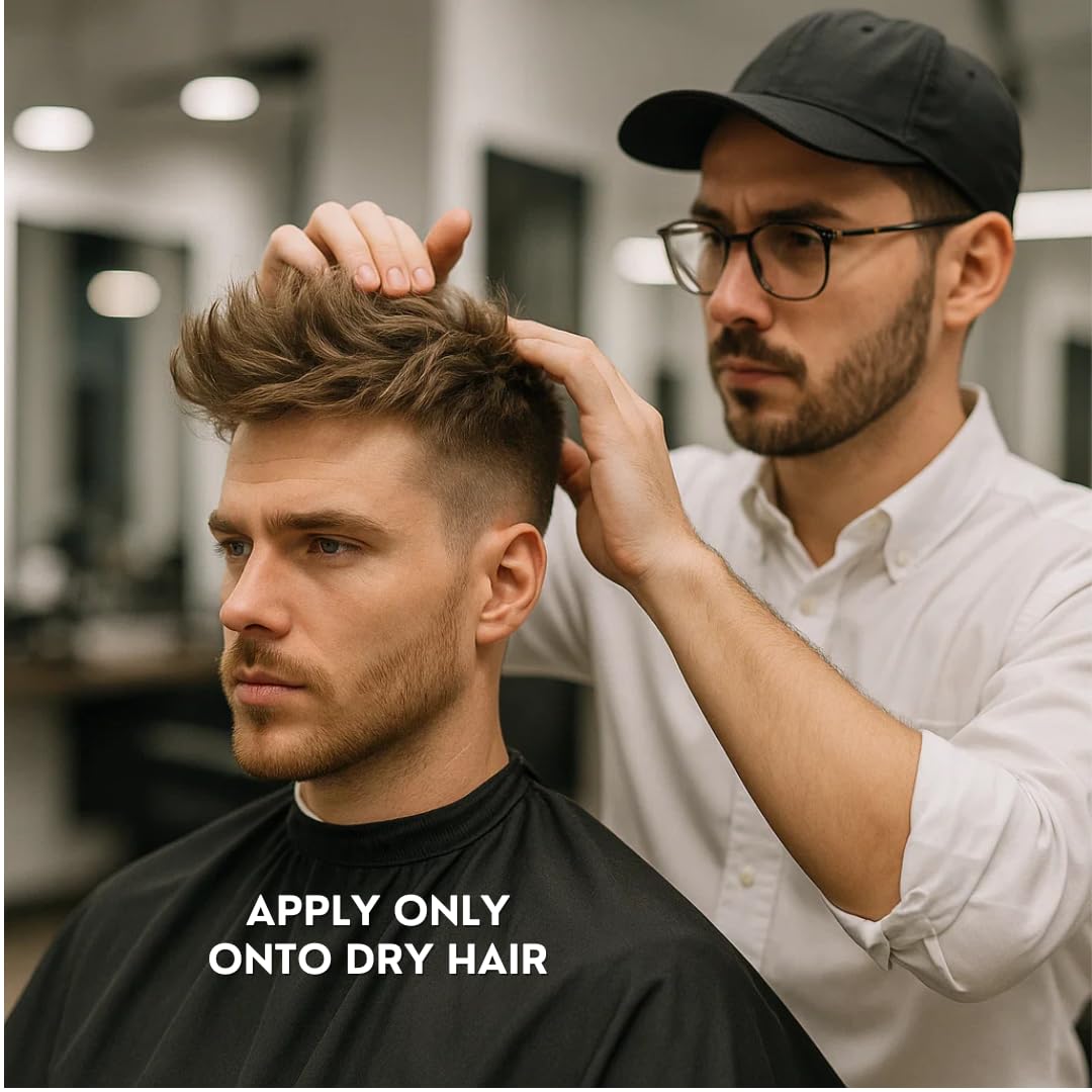 Dispensing Rolda powder onto dry hair for instant volume and texture.