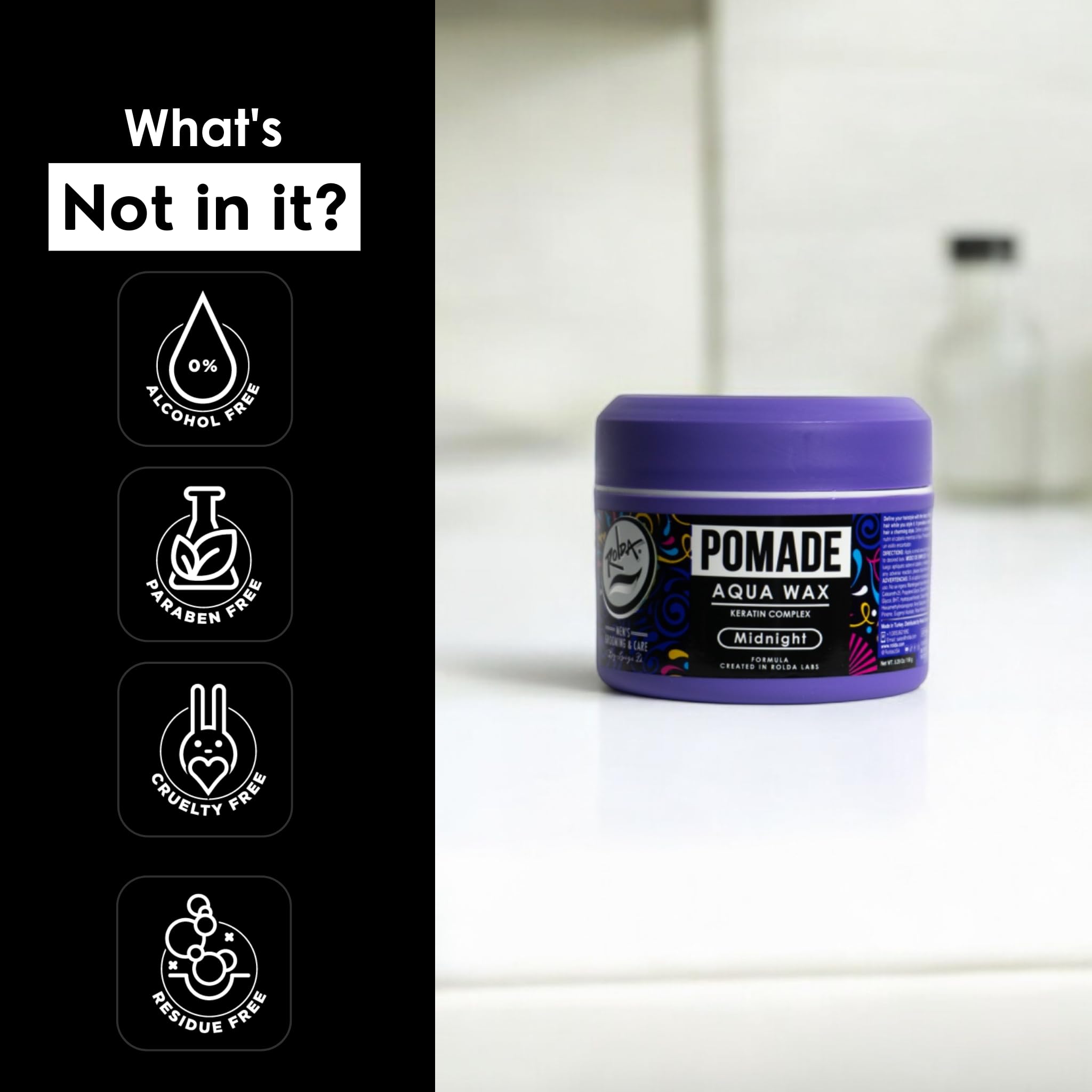 Packaging art for Rolda Midnight Hair Pomade conveys masculine fragrance for daily grooming.